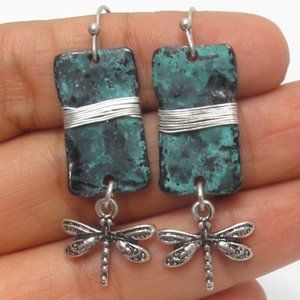 Patina Plate Silver Dragonfly Drop Hook Earrings